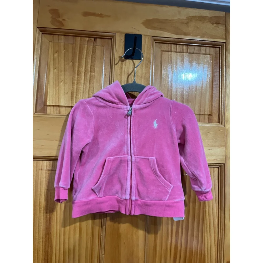 Little Baby Girl Pink Velour Full Zip Ralph Lauren Hoodie Size 6 Months